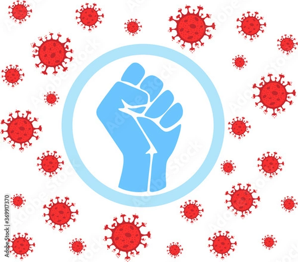 Fototapeta The gloved hand clenched into a fist. Humanity is fighting a virus and a pandemic. Vector flat illustration.