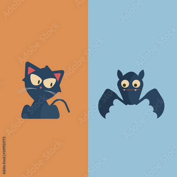 Fototapeta Halloween cat and bat are sitting and waiting for funny children