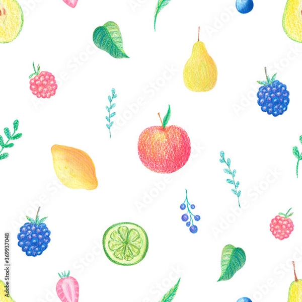 Fototapeta Colorful watercolor fruits seamless pattern on white background. Summer fresh pear, apple, blueberry, leaves, lemon background. Perfect for textile, fabric, covers. Hand painted fruits. 