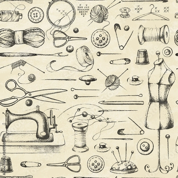 Fototapeta Set of needlework - scissors, measuring tape, mannequin, sewing and more on old paper. Retro vintage style. Seamless pattern. Vector illustration