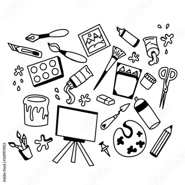 Fototapeta Set of artist's doodles, brushes, paints, pencils and easel on a white background. The linear vector flat illustration.