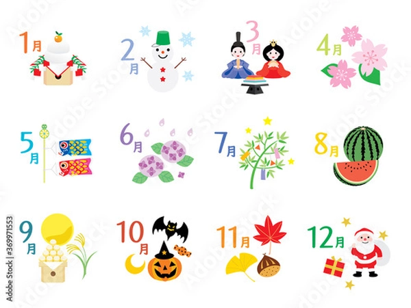 Fototapeta カレンダー年中行事のイラストアイコン　白バック