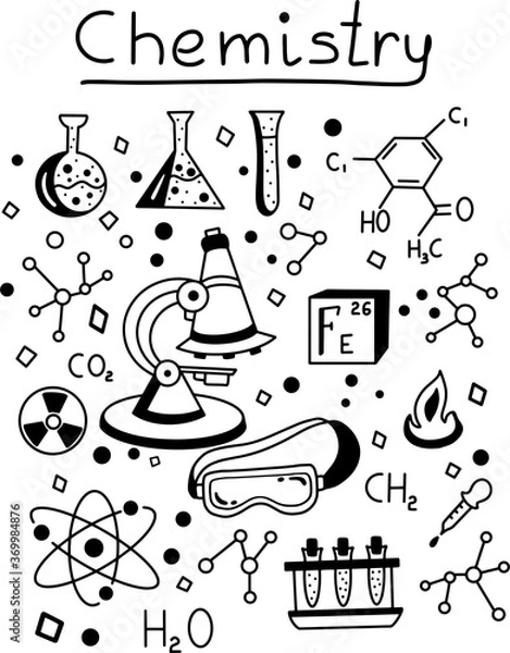 Fototapeta Set of doodles with chemical elements, flasks, a microscope, protective glasses. School chemistry lesson. Vector flat illustration with icons.