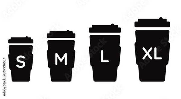 Fototapeta Coffee cup size S M L XL. Different size - small, medium, large and extra large. Black coffeecup icons set