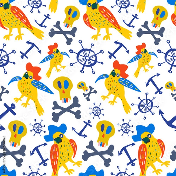 Fototapeta Colorful vector seamless pattern illustration of pirate birds, anchor and skulls