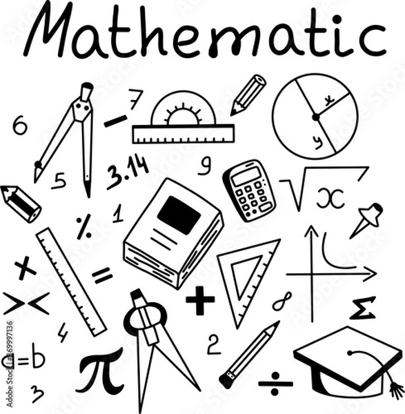 Fototapeta Set of doodles with mathematical elements, protractor, ruler, pencils compasses school math lesson. Vector illustration with icons