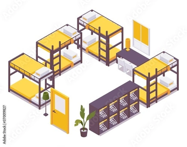 Fototapeta Hostel isometric set with bunk beds and lockers. 3d interior example in vibrant colors isolated on white