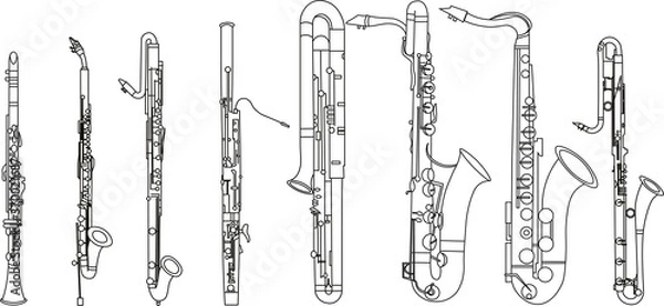 Fototapeta Simple black line drawing of outline Clarinet, Bassoon, Contrabassoon, Saxophone musical instrument contour