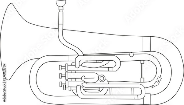 Obraz Simple black and white line drawing of outline Euphonium musical instrument contour