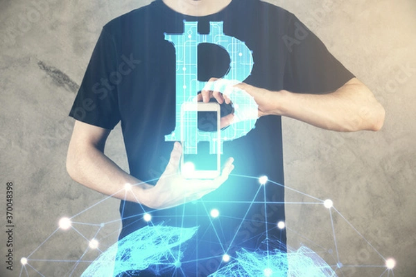 Fototapeta Double exposure of man's hands holding and using a phone and crypto currency blockchain theme drawing.