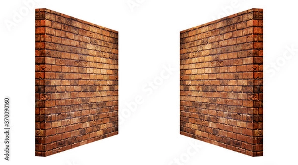 Fototapeta Side view of Red brick wall grunge texture background isolated on white background. (Clipping path)