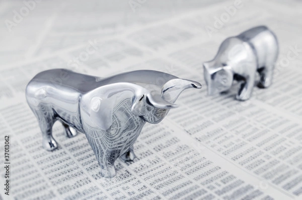 Obraz Stock market report with bull and bear