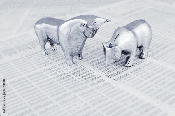 Obraz Stock market report with bull and bear
