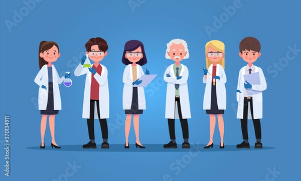 Fototapeta Group of scientists with gloves and gowns, Vector illustration cartoon character.