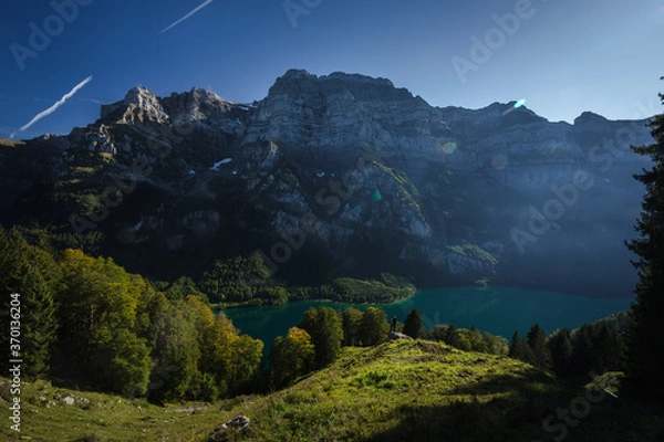 Fototapeta Late afternoon view over Swiss mountain lake. Meadow and tree line in the foreground, mountain face in the background.