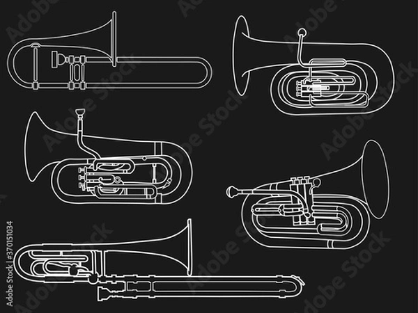 Obraz Simple white line drawing of outline Tuba, Trombone, Euphonium, Baritone, Bass Trombone musical instrument on a black background. For student education, illustration for dictionary musical schools