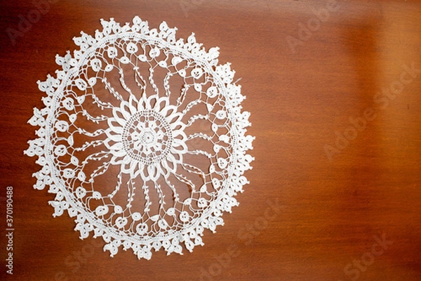 Fototapeta Vintage background with white crochet lace. Knitted frame for wedding and invitation. Background for valentines day or birthday
