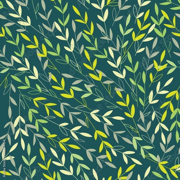 Fototapeta Vector branches with leaves in the wind. Dark green background. Perfect for wrapping paper, wallpaper, textile design, stationery. Seamless pattern