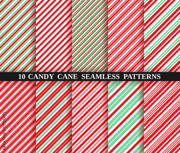 Fototapeta Candy cane stripe seamless pattern. Vector. Christmas candycane background. Set of ten red and green holiday textures. Wrapping paper. Peppermint caramel diagonal print. Classic winter illustration.