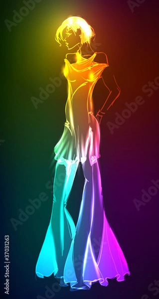 Obraz Hand-drawn fashion model from a neon. Vector illustration. A lig