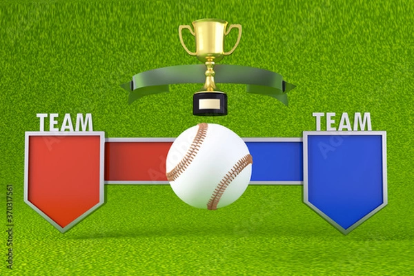 Fototapeta Baseball match, Team or Tournament name badge , mock-up scoreboard  and gold cup trophy for winner, Background and graphic template for sports presentation score or game results, 3D rendering