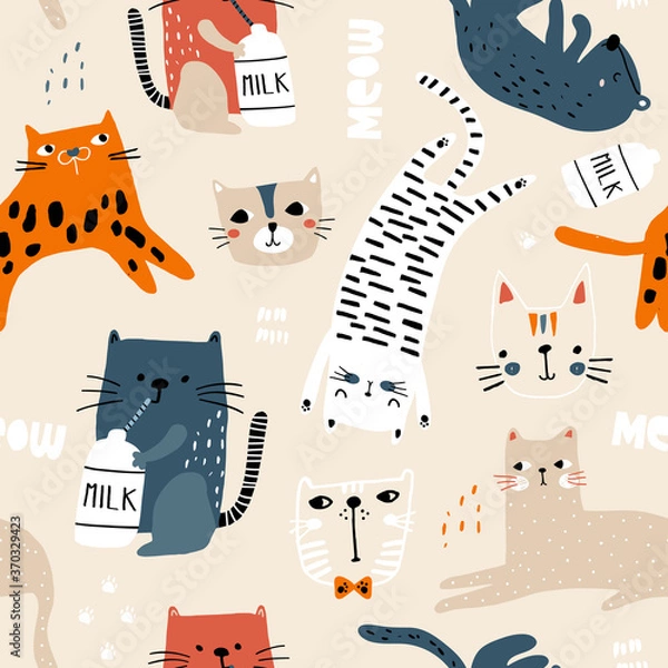 Fototapeta Seamless childish pattern with cute cats in different poses. Creative kids hand drawn texture for fabric, wrapping, textile, wallpaper, apparel. Vector illustration
