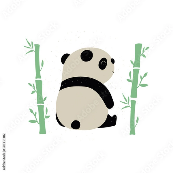 Obraz Cute panda hand drawn flat vector illustration. Adorable mountain animal with bamboo isolated on white background. Creative childish t shirt print design