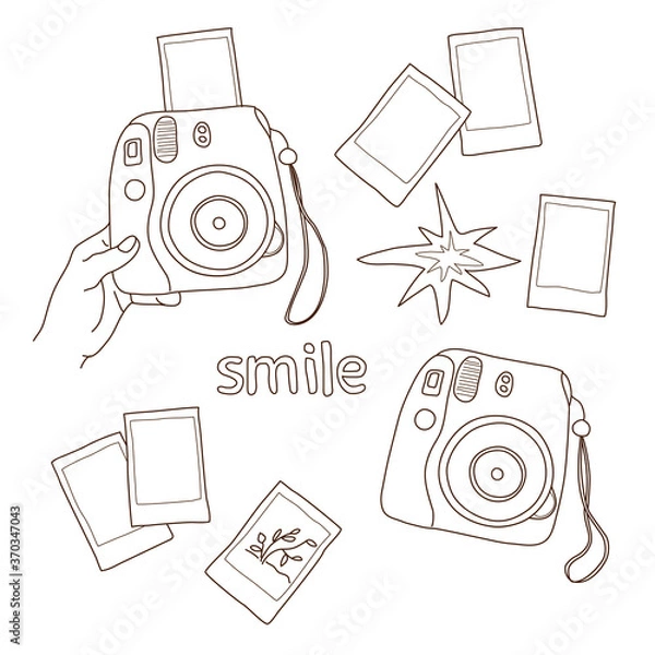 Fototapeta instant camera, flashes, film photographer element set, hand drawn