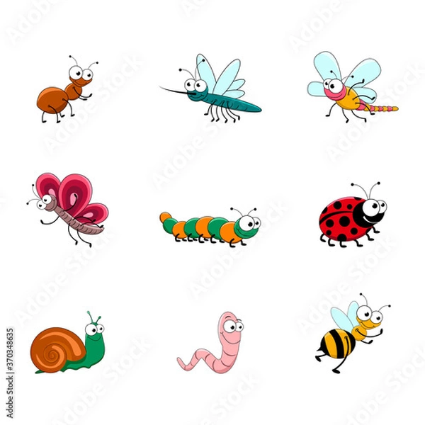 Fototapeta Set of funny insects in cartoon style. Vector illustration isolated on white background.