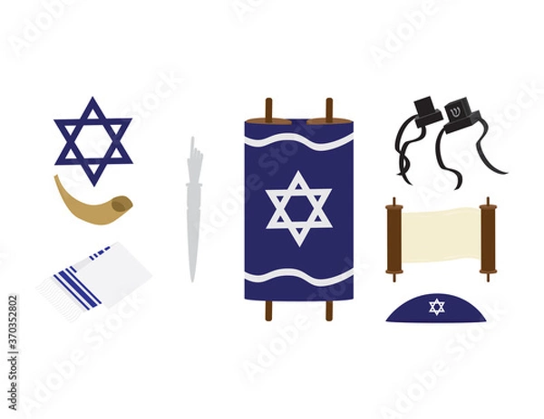 Obraz Set of Jewish symbols - Torah scroll, star of David, Tefillin, kipah, Tallit, Shofar and Torah hand on White background