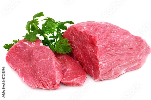 Obraz Cut of  beef steak with green leaf. Isolated.