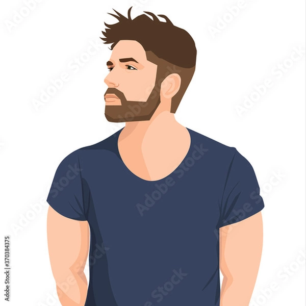 Fototapeta Flat Vector Illustration Strong Attractive Man with Brunette Beard and Trendy Hair Looking to the Side