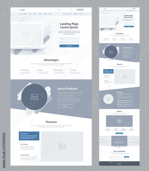 Fototapeta Landing page wireframe design for business. One page site layout template. Modern responsive design. UX UI website: home, advantages, about, features, statistics, options, video, news and updates.