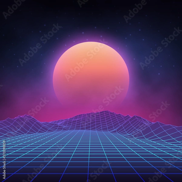 Fototapeta Futuristic retro landscape of the 80`s. Vector futuristic illustration of sun with mountains in retro style. Digital Retro Cyber Surface. Suitable for design in the style of the 1980`s.