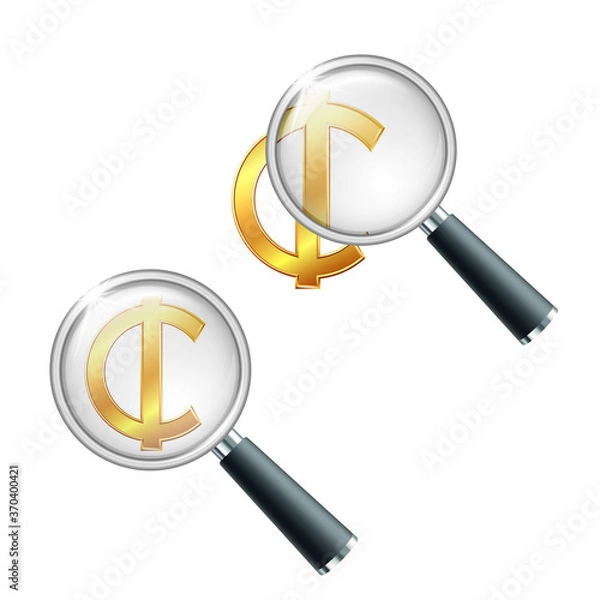Fototapeta Ghana Cedi Rupee currency sign with magnifying glass.