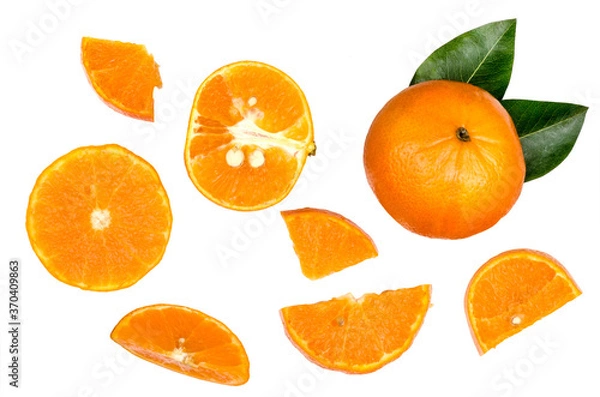 Fototapeta Slices of oranges with leaves isolated on white background. Flat lay, top view