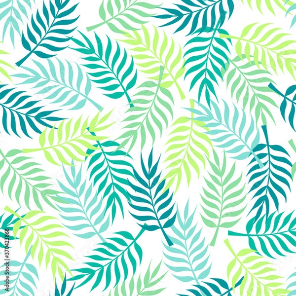Fototapeta Tropical pattern with green palm tree leaves on white background. Great for wallpaper, backgrounds, invitations, packaging, design projects, textile scrapbooking