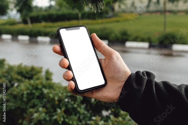 Obraz Mockup image of hand holding mobile phone with blank white screen. A man with a smartphone against the background of a city park with trees, green bushes and a road.