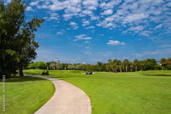 Fototapeta MIAMI BEACH, USA - MAY, 2020: Golf sport in the USA. Artificial grass. Green coating on golf courses. Path.