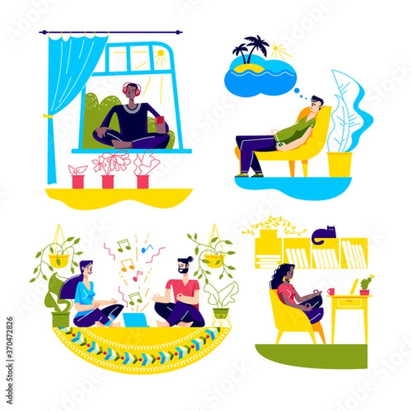 Fototapeta Home meditation set with people staying home and practicing yoga while quarantine