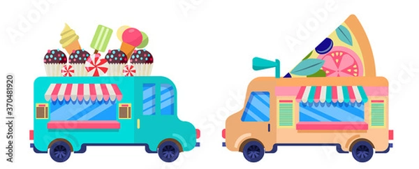 Obraz A set of street food trucks isolated on a white background. Fast food delivery.  Flat design vector. A collection of Cartoon fast food cars with an artboard on the roof. Street food festival.