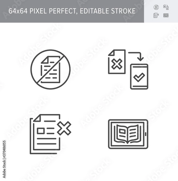 Fototapeta Paperless line icons. Vector illustration included icon as less paperwork, digital office, bureaucracy outline pictogram of electronic document management. 64x64 Pixel Perfect Editable Stroke