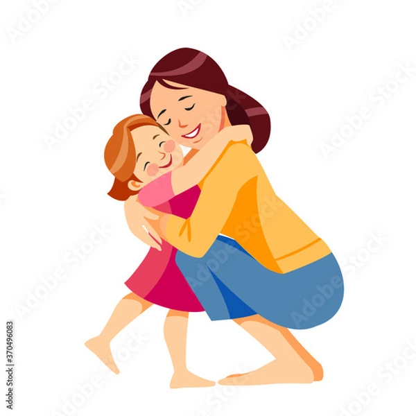 Fototapeta Mother and child. Mom hugging her daughter with a lot of love and tenderness. Mother's day, holiday concept. Cartoon flat isolated vector design
