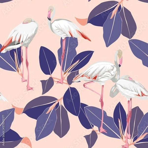 Obraz Seamless pattern with white flamingos and abstract blue tropical branch with leaves. Simple design for fabric. Light pattern. Orange background.