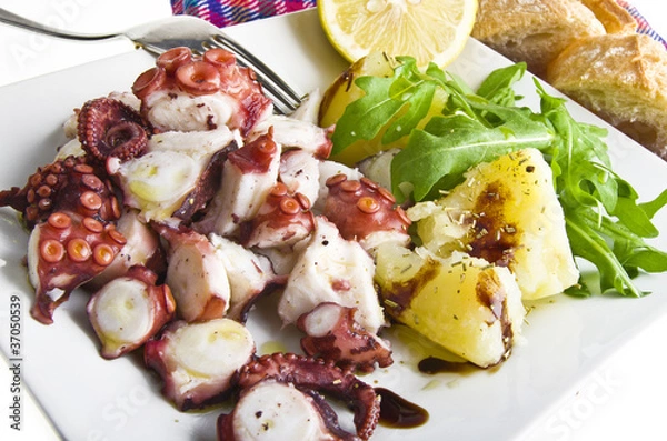 Obraz octopus salad with lemon slice and potatoes