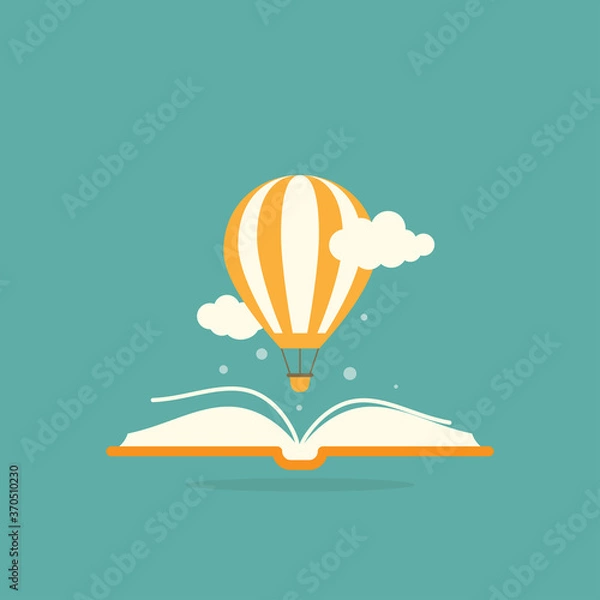 Fototapeta Open book with air balloon and clouds. isolated on turquoise background.