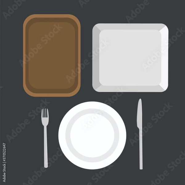Fototapeta A set of plates, trays, and Cutlery. Vector fork, knife, white plate round flat, white square plate. wooden tray on a blue background
