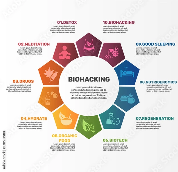 Fototapeta Infographic Biohacking template. Icons in different colors. Include Detox, Meditation, Drugs, Hydrate and others.