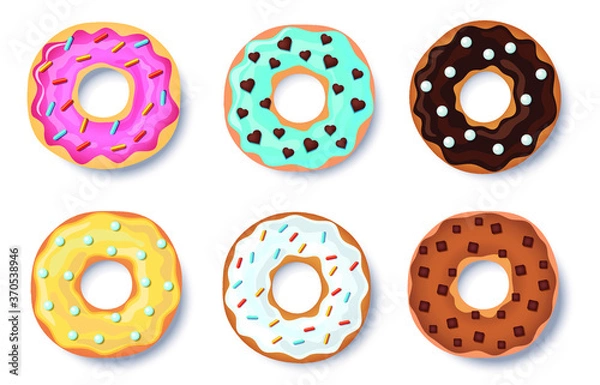 Fototapeta Donut vector set, collection of colorful doughnut cakes, with caramel and chocolate topping and colorful candy, isolated on white background with shadow