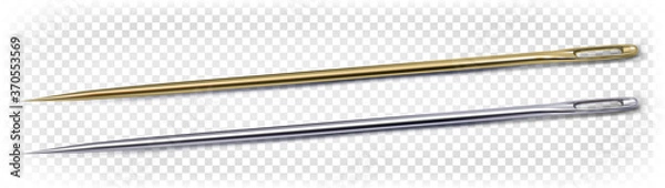 Obraz Gold and silver needle for sewing. Sewing tools. Vector 3d realistic illustration isolated on white background.